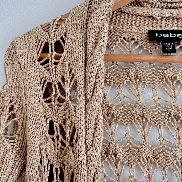 VTG Y2K Bebe Open Knit Cardigan Tan Size S Crochet Fairy Cottage Festival Boho - Picture 5 of 16